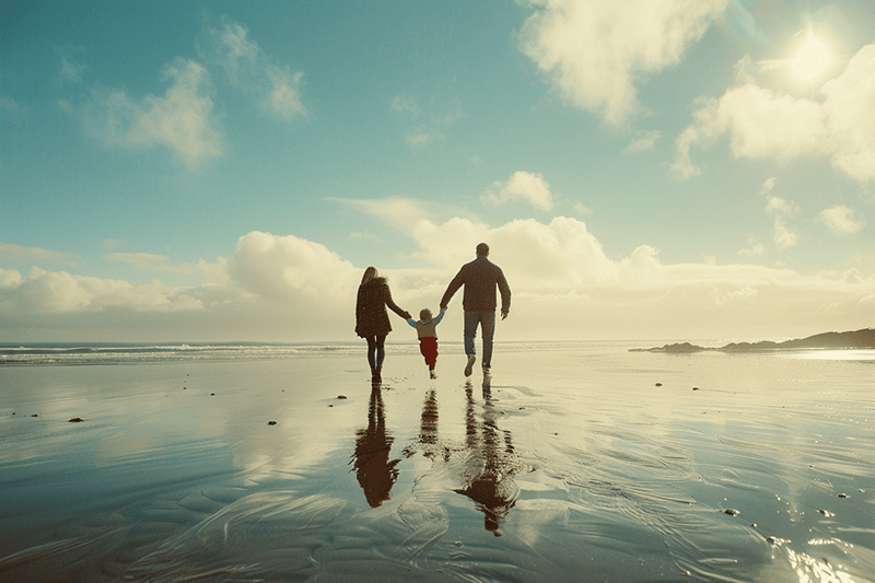 Eltern laufen mit ihrem Kind über den Strand im Urlaub