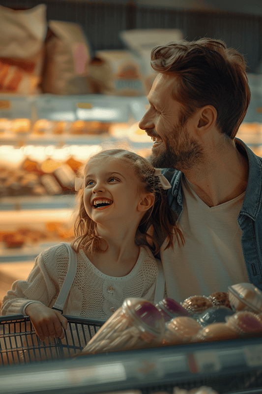 Vater und Tochter sind beim Einkaufen im Supermarkt