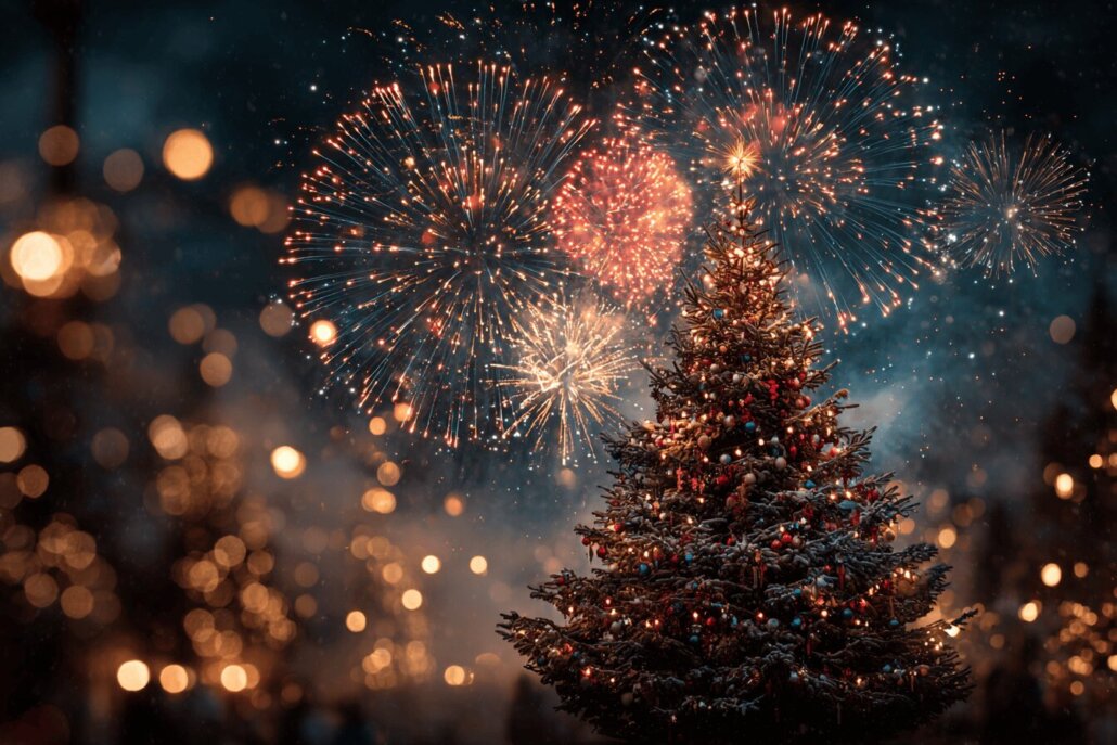 Ein geschmückter Baum mit einem Feuerwerk im Hintergrund